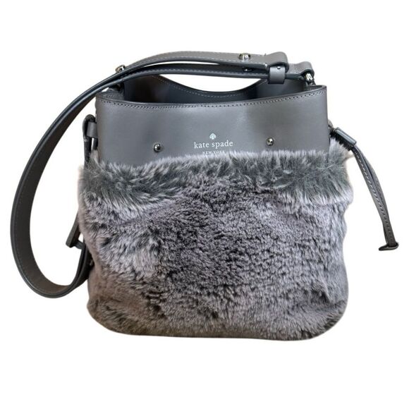 Kate Spade Marti Faux Fur Small Bucket Bag  in Grey Cat - Picture 3 of 13